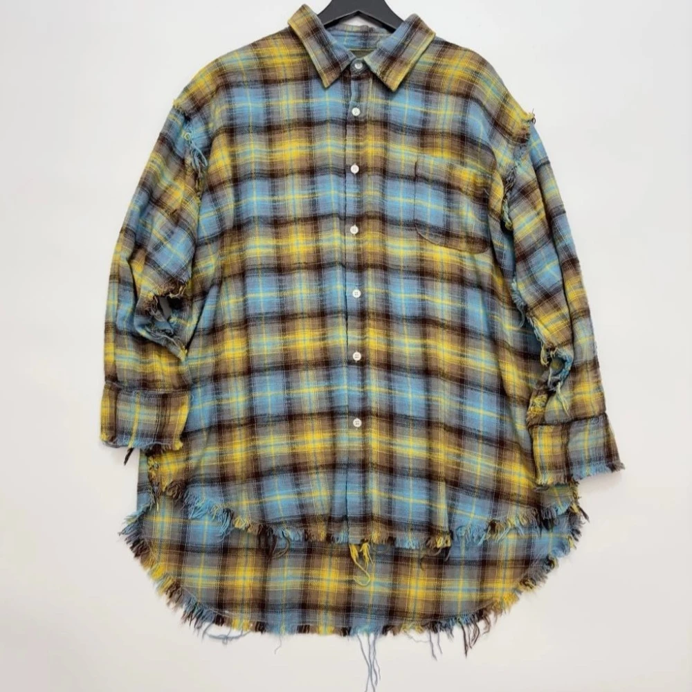 Oversized Fringed Fringed Brushed Cotton Flannel Shirt