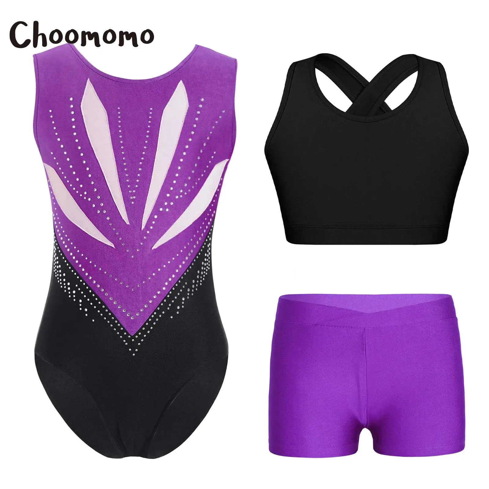 

Kids Girls Sleeveless Sports Outfits Ballet Gymnastics Workout Leotard Bowknot Cutout Back Rhinestone Bodysuit with Vest Shorts