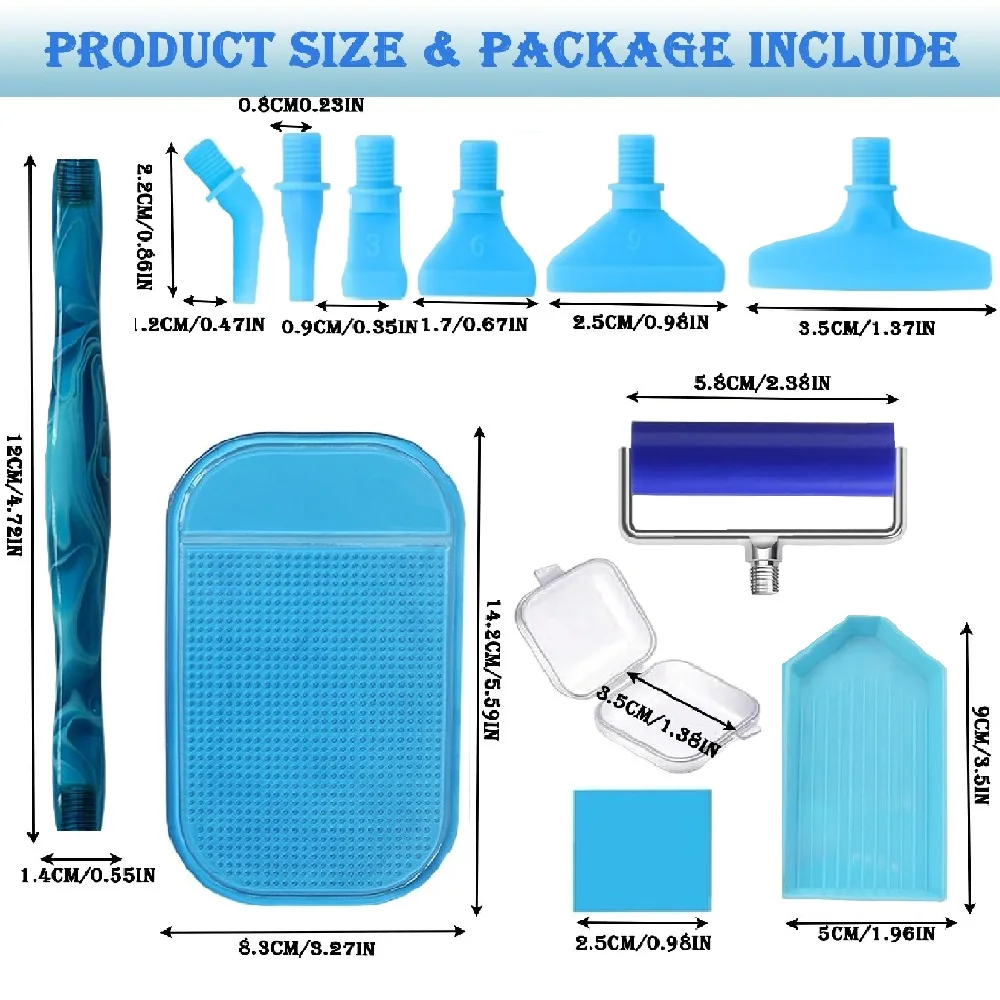 DIY diamond painting tool set, includes threaded interface elbow/1/3/6/9 scraper replacement heads, 50 cleaning cloths, with roller, storage tray, and silicone pad, suitable for adult 5D diamond painting tool accessori view 2