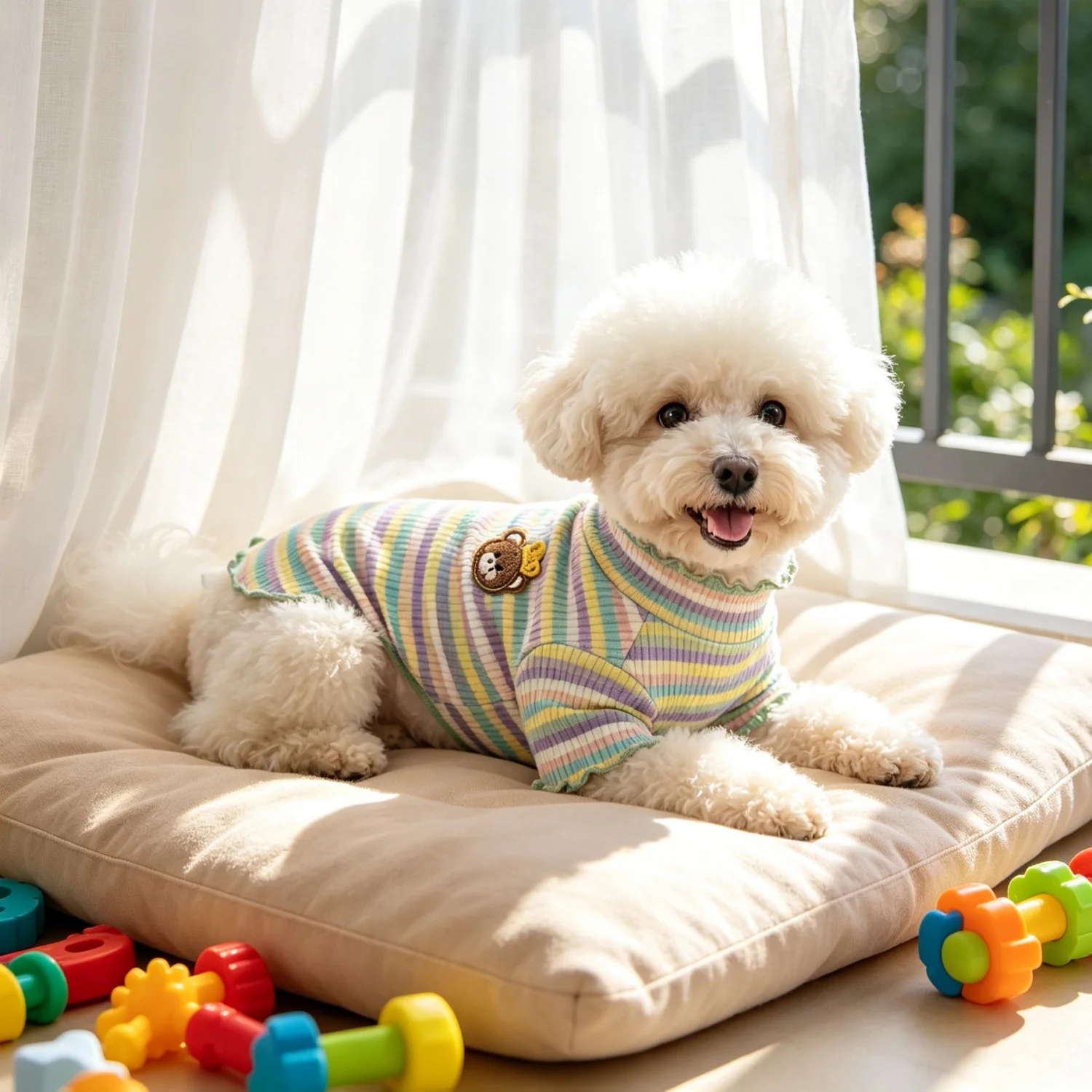 Gestreiftes Strick-Hundehemd mit niedlichem Bärenmotiv, Haustierkleidung, weiches geripptes Welpen-Outfit für Bichon Frise und Teddy. – Detail 25