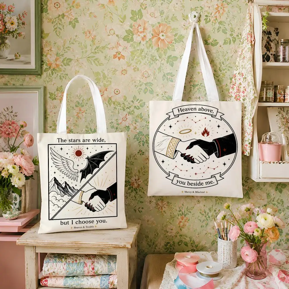 Good Omens Aziraphale & Crowley Angel Demon Canvas Tote Bag Versatile Storage for Shopping Work School Travel Daily Use