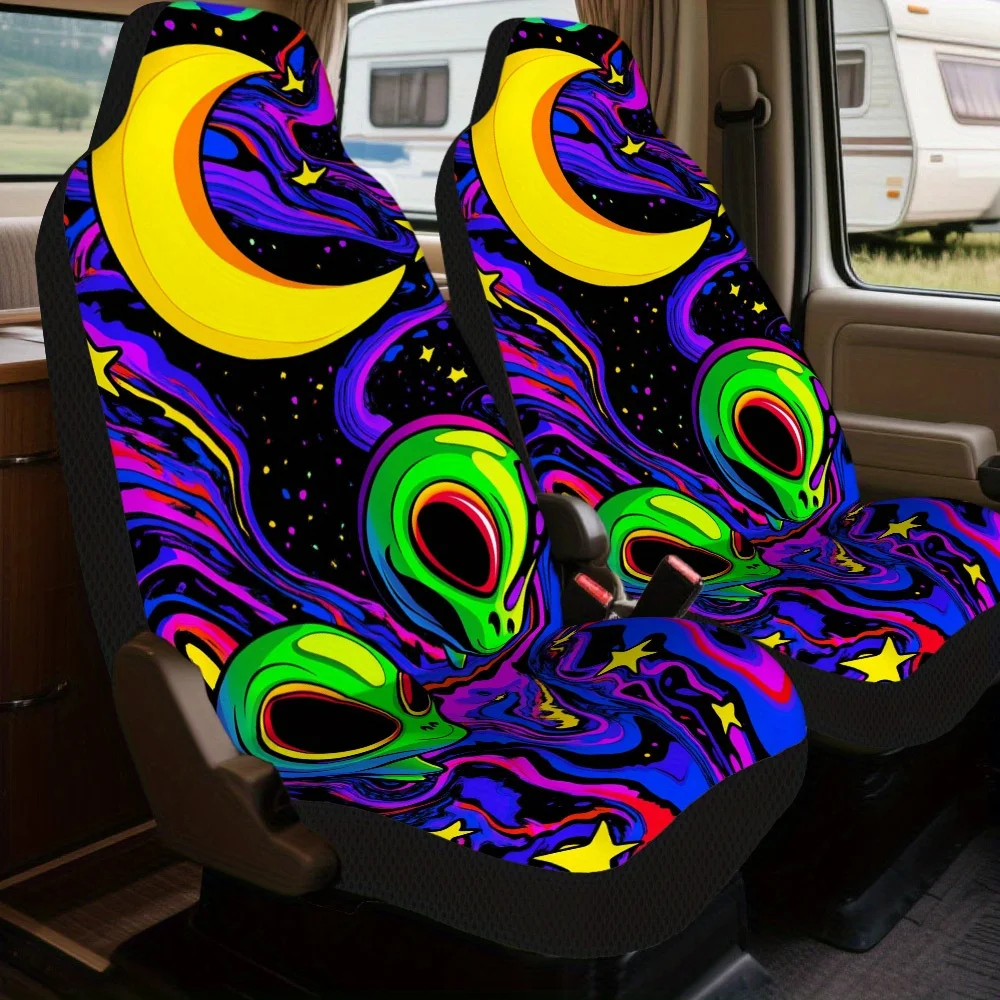 2pcs Car Seat Covers Set, Halloween Alien Night Sky Print, Trendy Vehicle Seat Covers. Fits Long Road Trips, Friend Getaways &