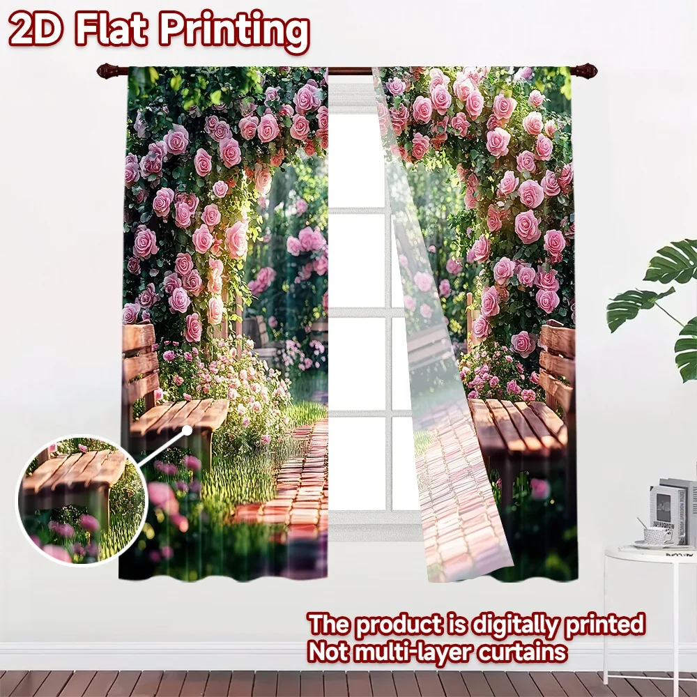 2D flat printing 2pcs Window Curtains Garden Rose Archway Digital Printed Polyester Drapes Family Party for Indoor Celebrations