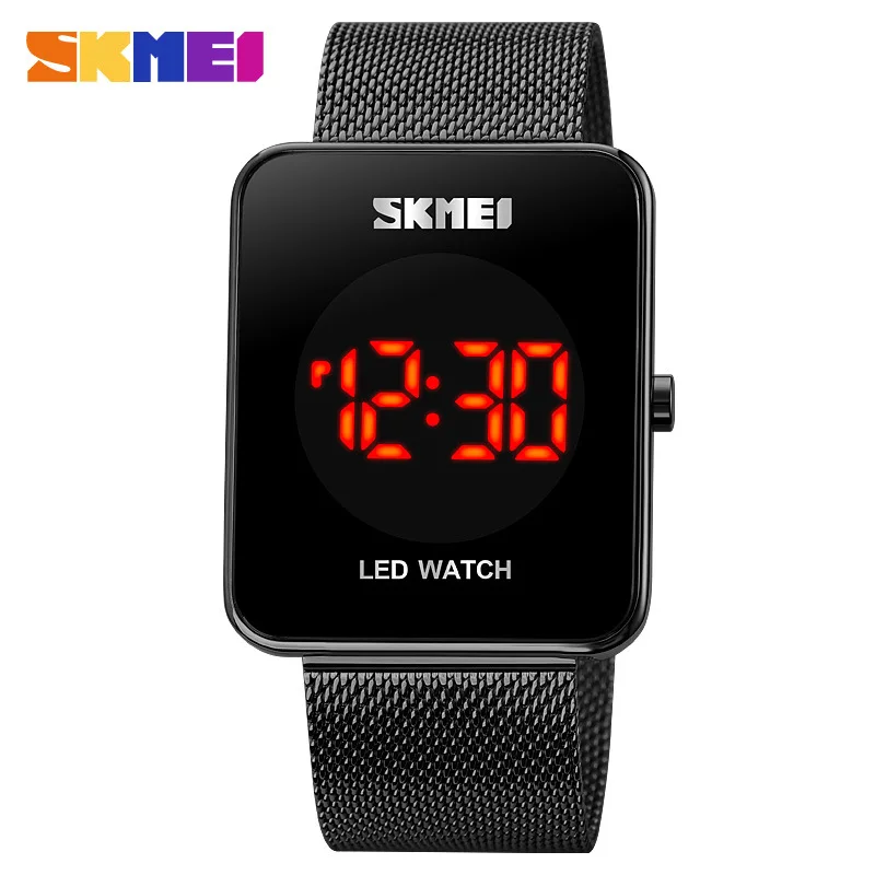 Skmei Time Meishi Red LED Light Student Electronic Watch Square Stainless Steel Mesh Strap Watch for Teenagers