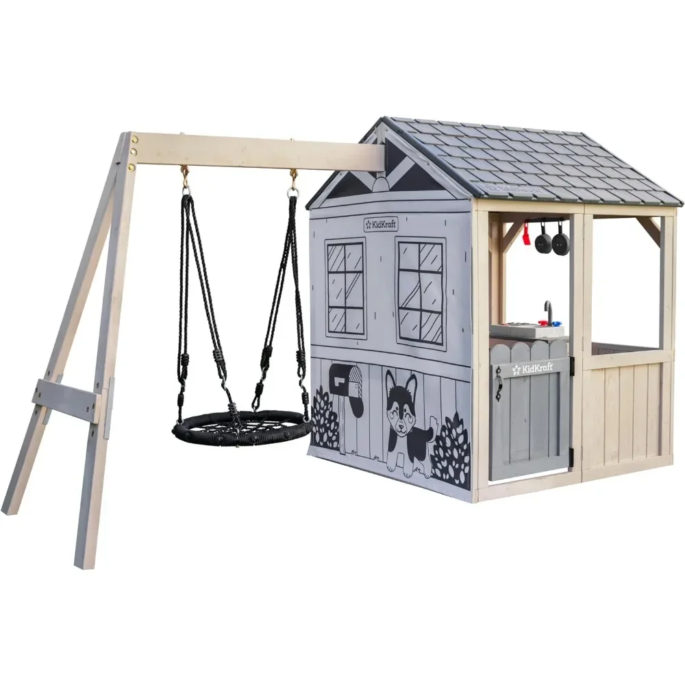 Savannah Swing Wooden Outdoor Playhouse With Web Swing and Play Kitchen Garden Furniture Outdoor Garden Swings Complete Set Sets