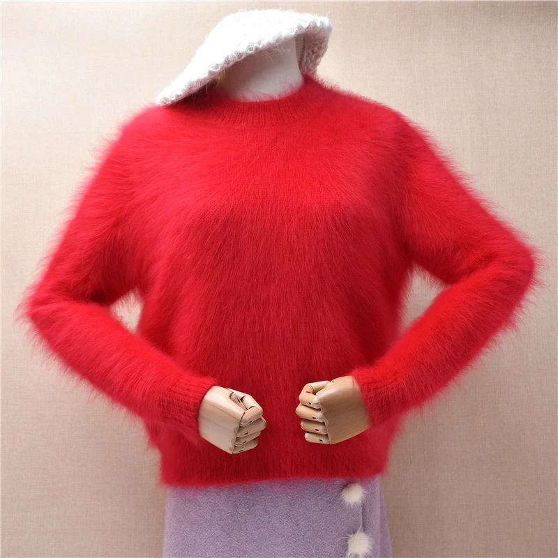 

Sweater Mujer Autumn Winter Clothing Red Hairy Mink Cashmere Knitted O-Neck Short Style Cropped Loose Pullover Angora Fur Jumper