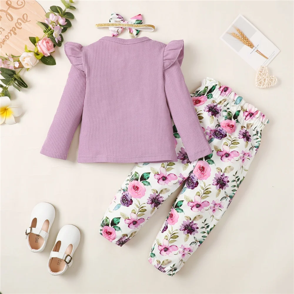 1-5Years Toddler Girl Clothes Set Long Sleeve Solid Color Top+Floral Pants  Fashion Spring & Autumn Little Girl Clothing Outfit