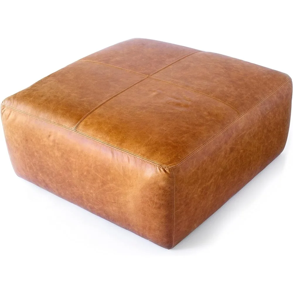 POLY & BARK Sequoia Ottoman in Full-Grain Pure-Aniline Italian Tanned Leather in Cognac Tan