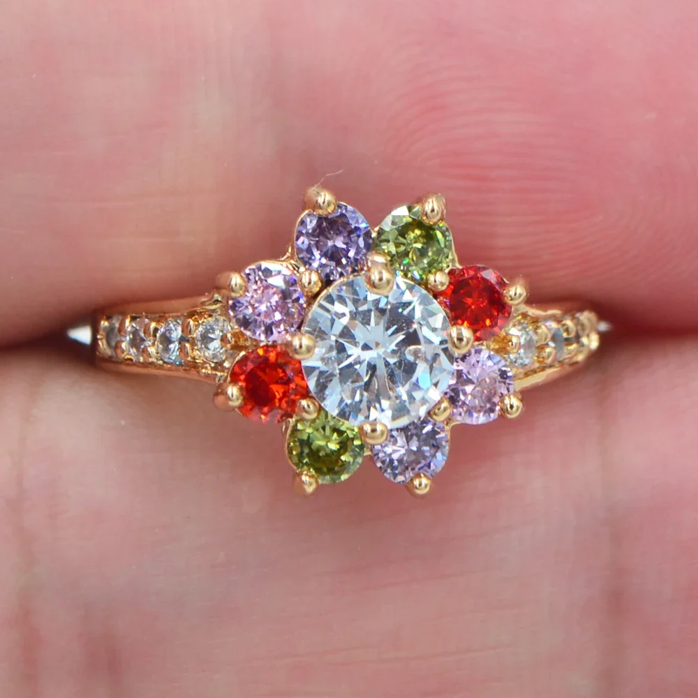 Fashion Gold Color Multicolor Zircon CZ Sunflower Engagement Ring for Women