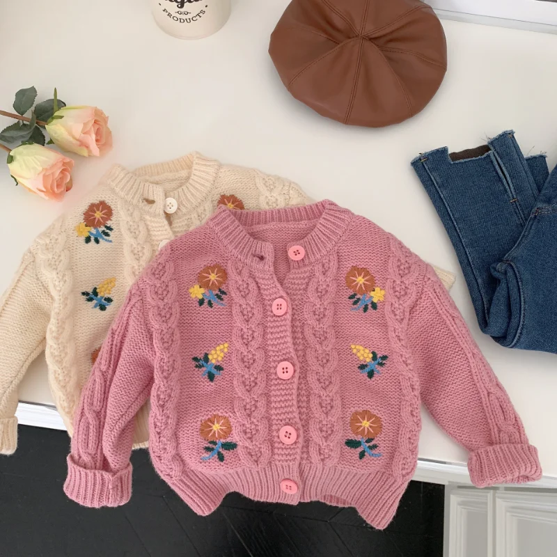 Autumn Toddler Girls Flowers Embroider Cardigan Coat Kids Clothing Spring Baby Girl Printing Twist Knitted Sweater Children Tops