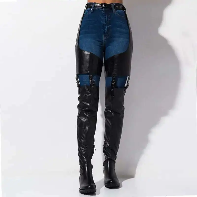 Size 34-46 Belt Black Thigh High Boots Low Heels Women Shoes Pu Leather Over The Knee Boots Shoes