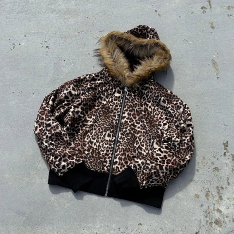 

Двусторонний свитер с капюшоном на молнии и леопардовым принтом, осенне-зимний американский лоскутный кардиган в стиле ретро Y2g, модное женское пальто
