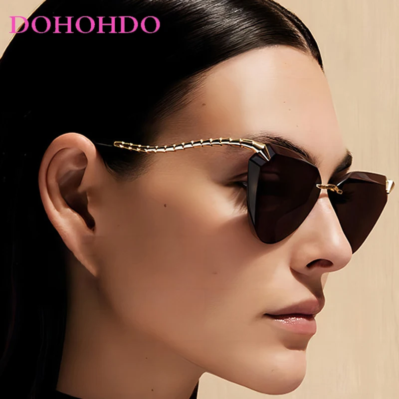 

Trending Luxury Metal Cat Eye Rimless Popular Women Sunglasses Design Brand Drive Men Sunglass Street Photography Eyewear UV400