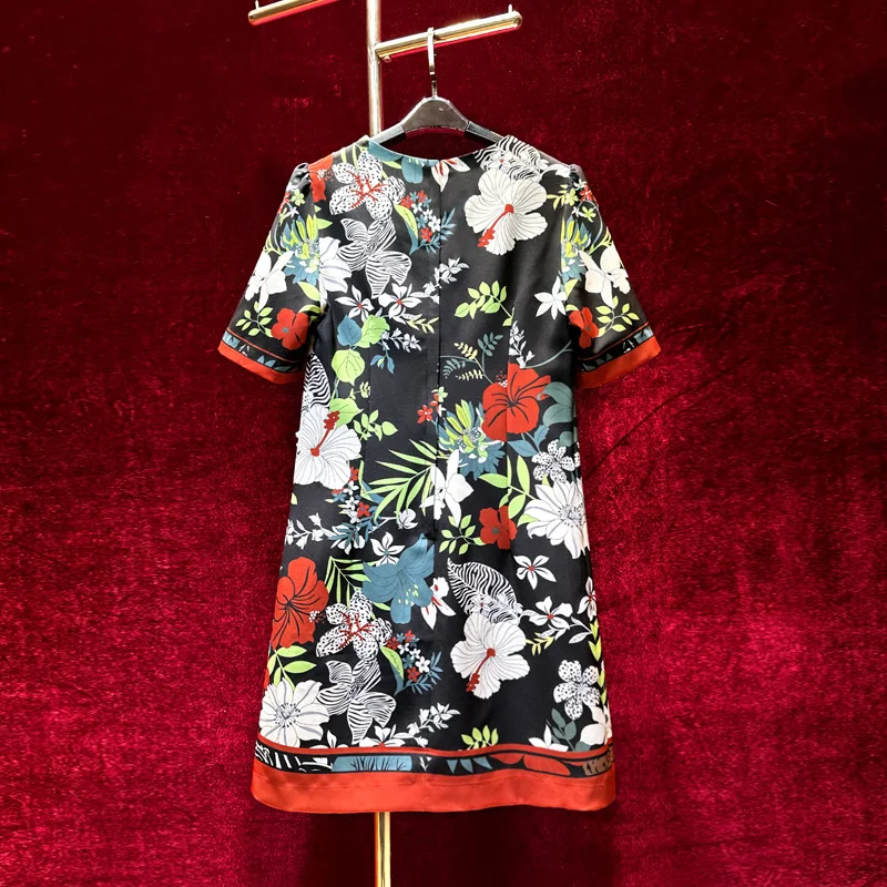 Vintage palácio impressão feminina mini vestido contas tridimensionais flores o pescoço vestido de manga curta elegante senhora vestidos formais