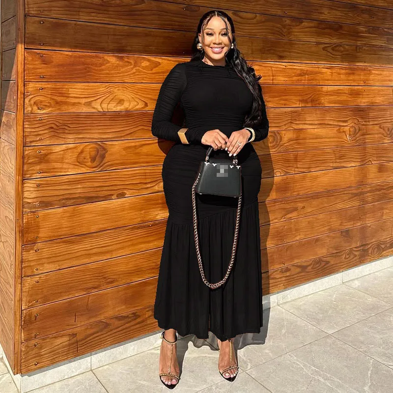 STIJLVOLLE DAME Gedrapeerde Geplooide Maxi Jurk 2025 Herfst Vrouwen Lange Mouw O Hals Bodycon Sexy Club Party Vestidos De Festa