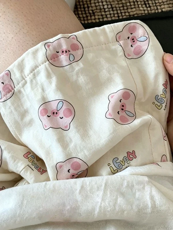 

Cute Cartoon Print Loose Summer Shorts Women's Casual Thin Home Pants Walking Outdoor Wearable Summer High Waist Wide Leg Pants