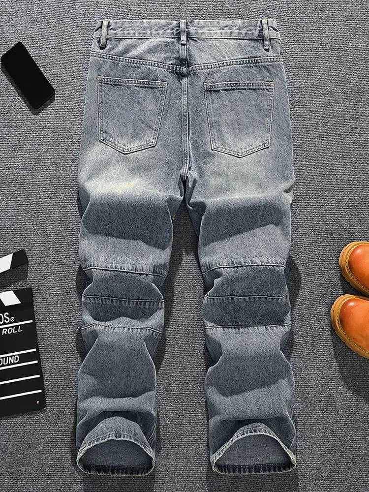 

American fashion brand retro nostalgic loose straight leg ripped jeans for men, street ruff and stylish wide leg pants