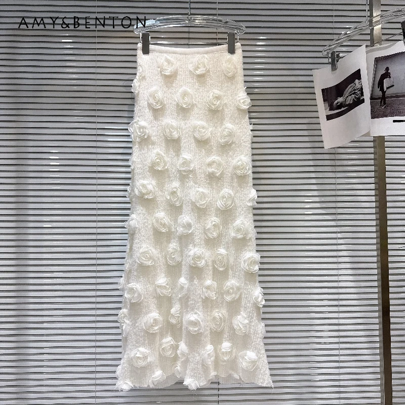 

Французский дизайн, элегантная женская юбка с 3D цветами и эластичным поясом, весна-лето 2026, абрикосовая, универсальная, длинная юбка для женщин