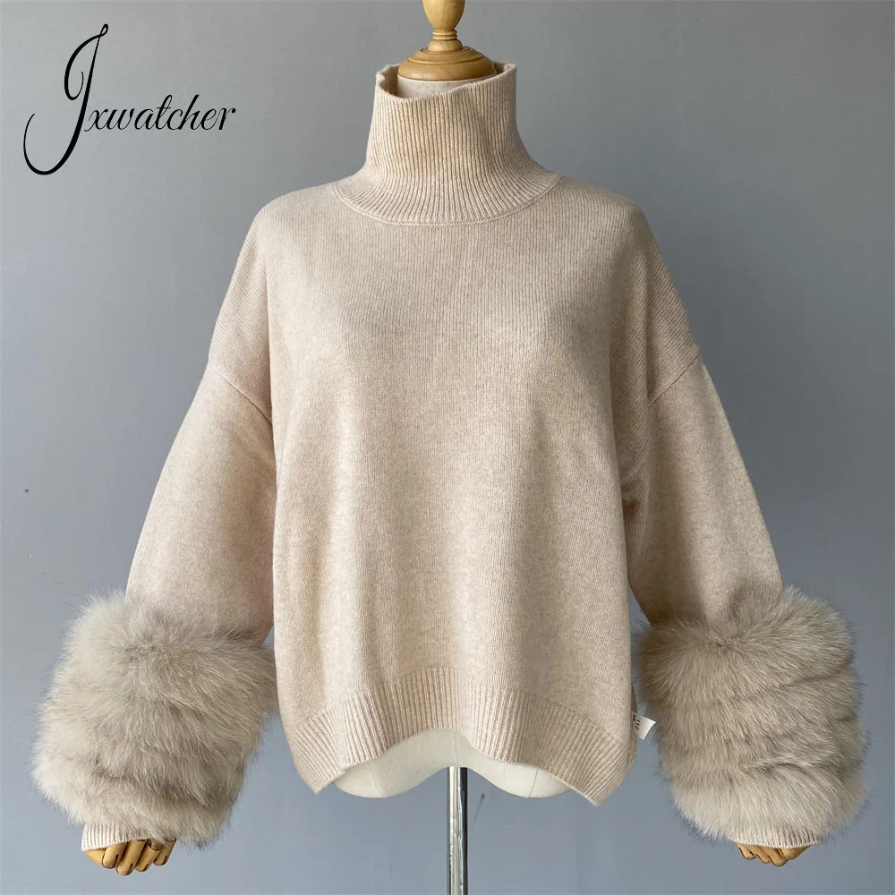 Jxwatcher Damestrui met echt bontmanchetten Damesmode Gebreide wollen tops Herfst Winter Warme trui met natuurlijk vossenbont