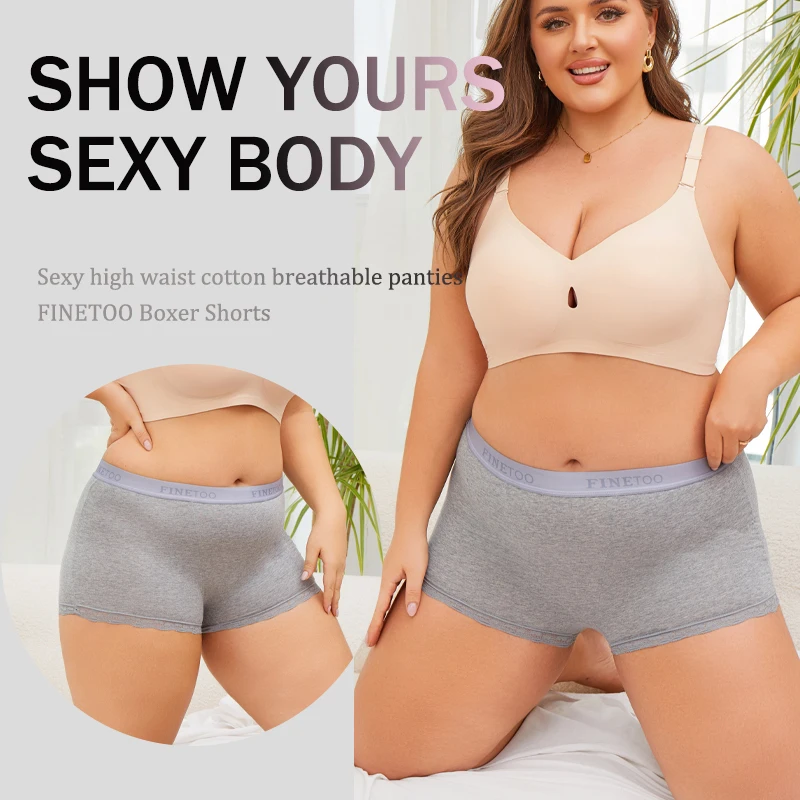 FINETOO 2 ks/sada dámských bezešvých bavlněných krajkových boxerek, jednobarevné, s písmenem, pohodlné sportovní kalhotky, měkké, prodyšné, chlapecké boxerky - náhled 3