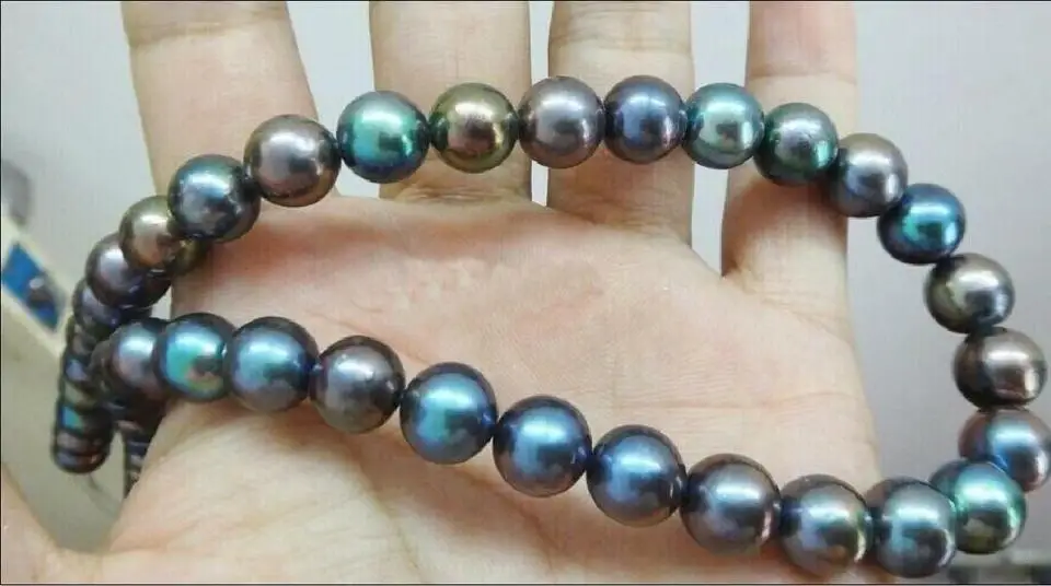 AAA+++ 9-10mm Natural Tahaitian beautiful Black Pearl Necklace 18 Inchs