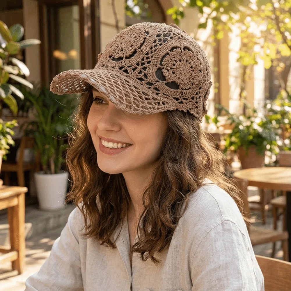Fashion Adjustable Crochet Baseball Cap Polyester Openwork Sun Hat Floral Lace Multi-Color Mesh Peaked Cap Daily Wear