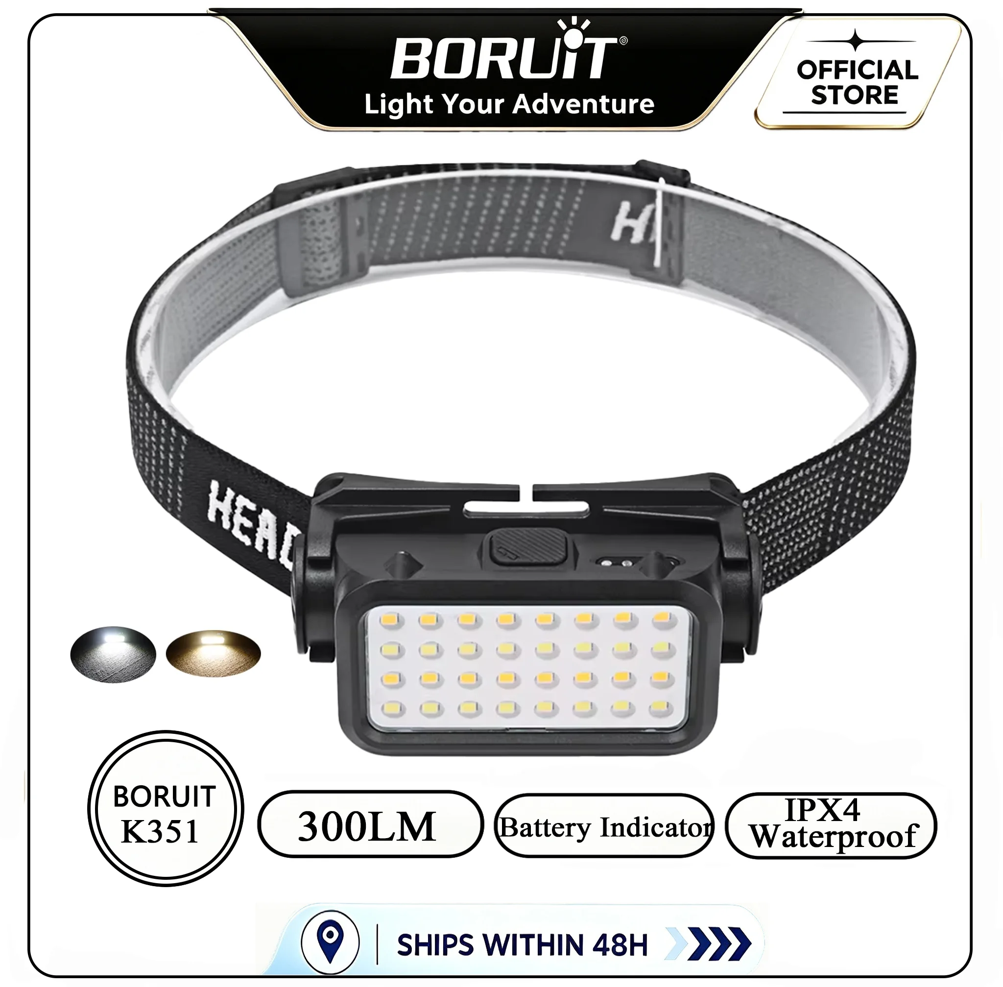 BORUiT K351 COB LED Headlamp 400LM Powerful Type-C Rechargeable Headlight Waterproof Camping Fishing Head Torch