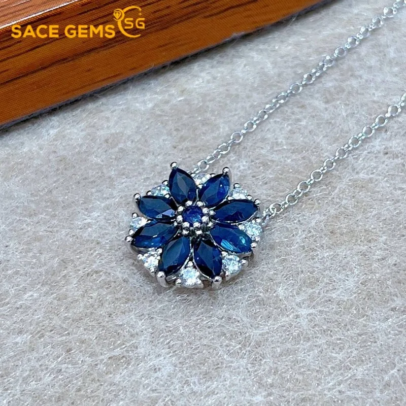 

SACEGEMS 925Sterling Silver Certified 2.5*5MM Natual Sapphire Pendant Necklaces for Womne Engagement Cocktail Party Fine Jewelry