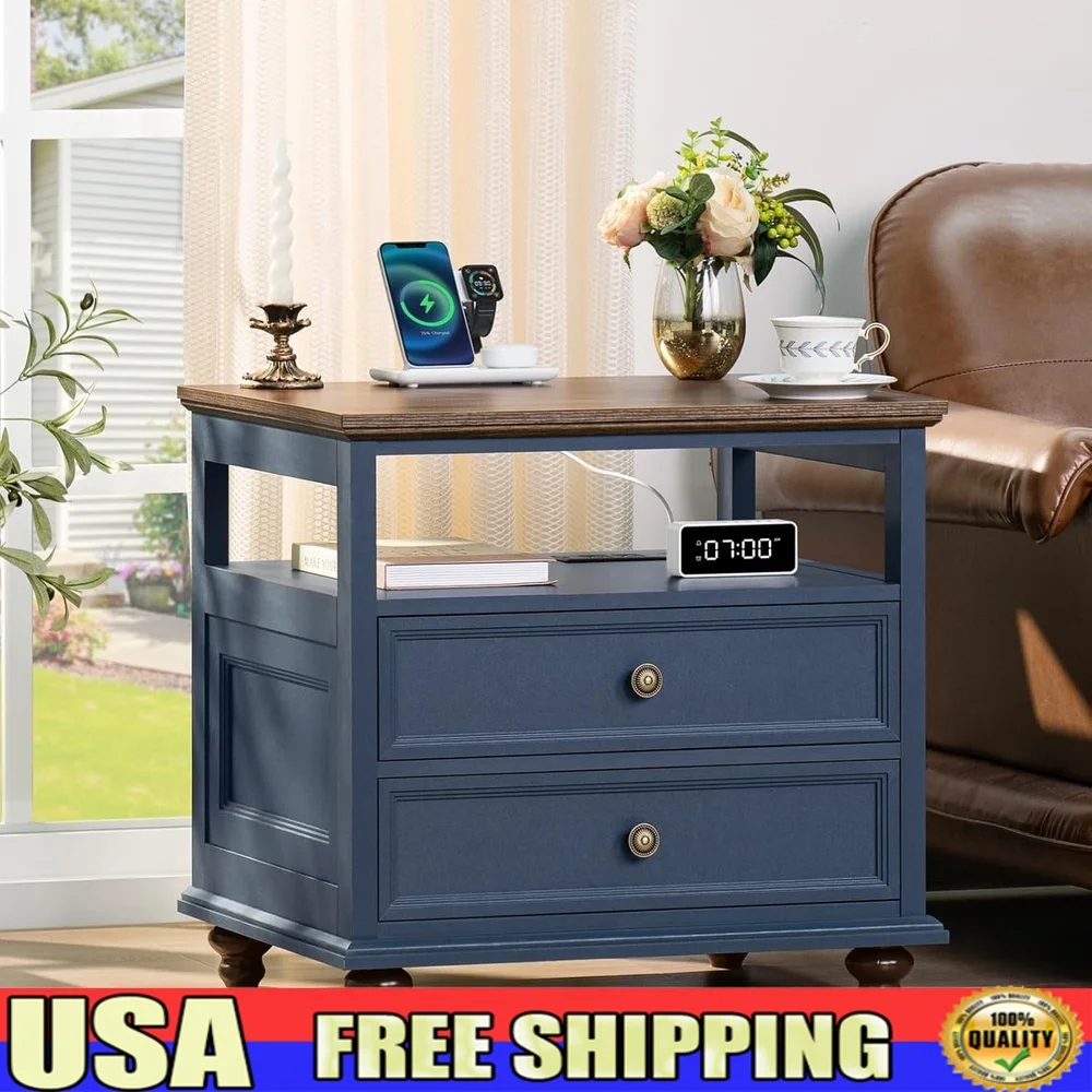 

Farmhouse Nightstand with USB Charging Station 2 Drawers Rustic Bedside Table Multi-Purpose Storage Easy Assembly Blue