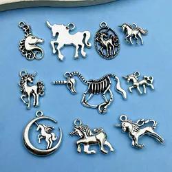 6/10Pcs Antique Silvery Vintage Unicorn Charms Animal Shaped Small Pendant For Jewelry Making Findings Crafting Accessory