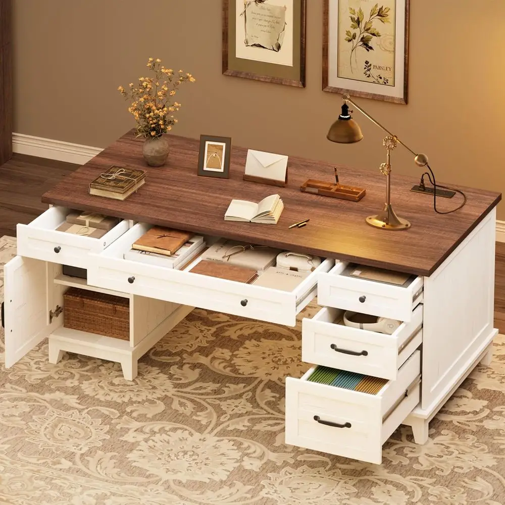 

Executive Desk with ile Ders, armhouse Home Oice Desk with Charging Station, 60 in Wooden Computer Desk with Cabinet Storage or