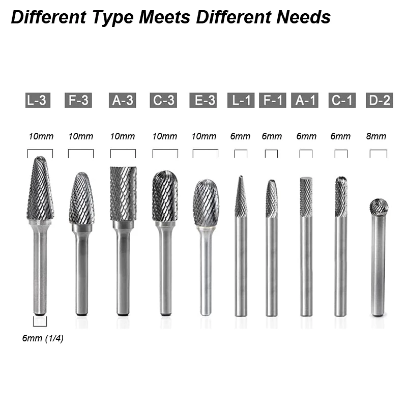 Tungsten Carbide Burrs Set 6mm Shank Double Cut Solid Power Tools Rotary Files Bits for Die Grinder Metal Wood Cutter Milling