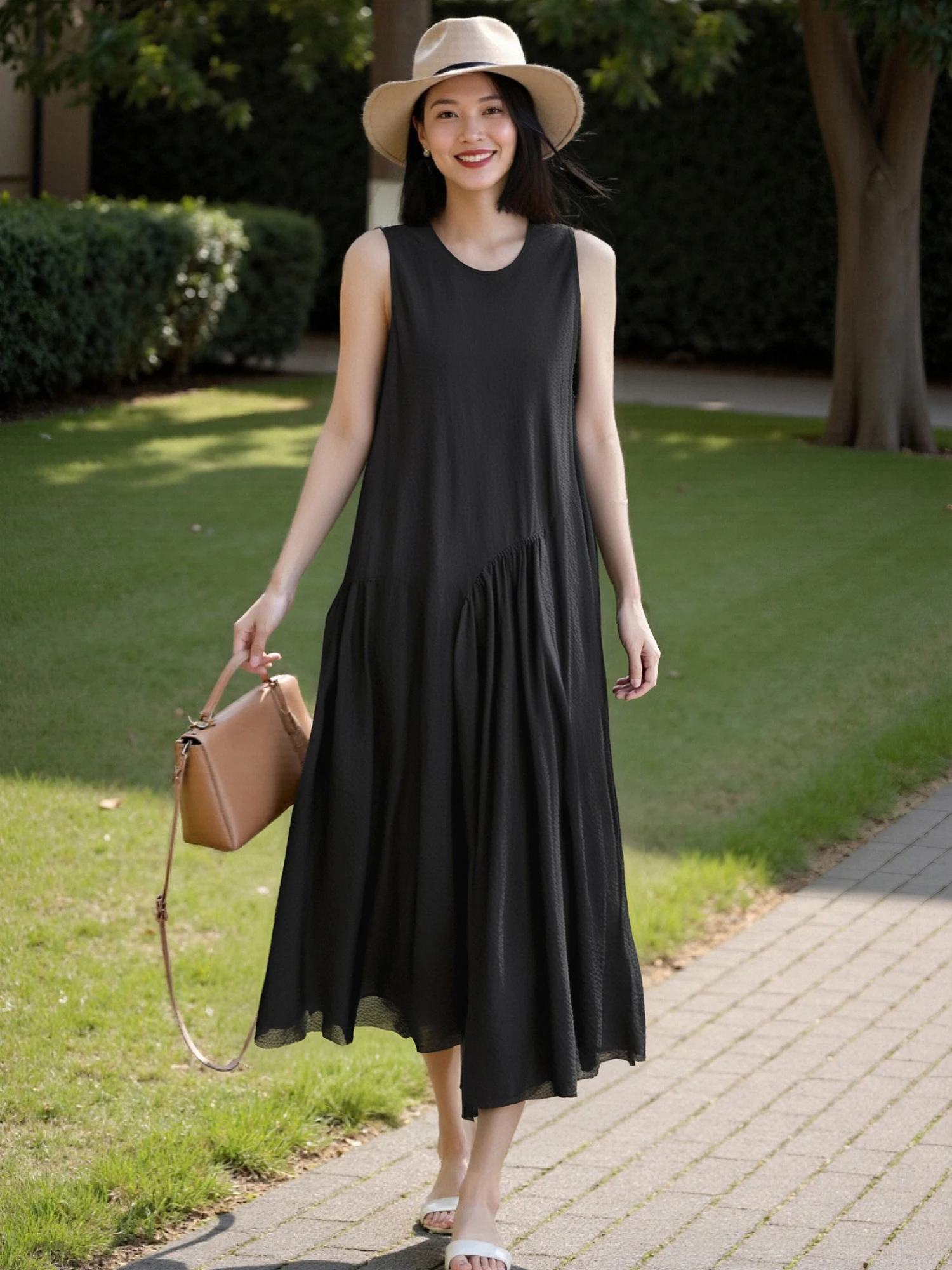 

Chivirin Silk Summer New Sle Women's round Ne Svel Dr Simple Elegance Slimming Effect Vintage Feel Cotton Blend