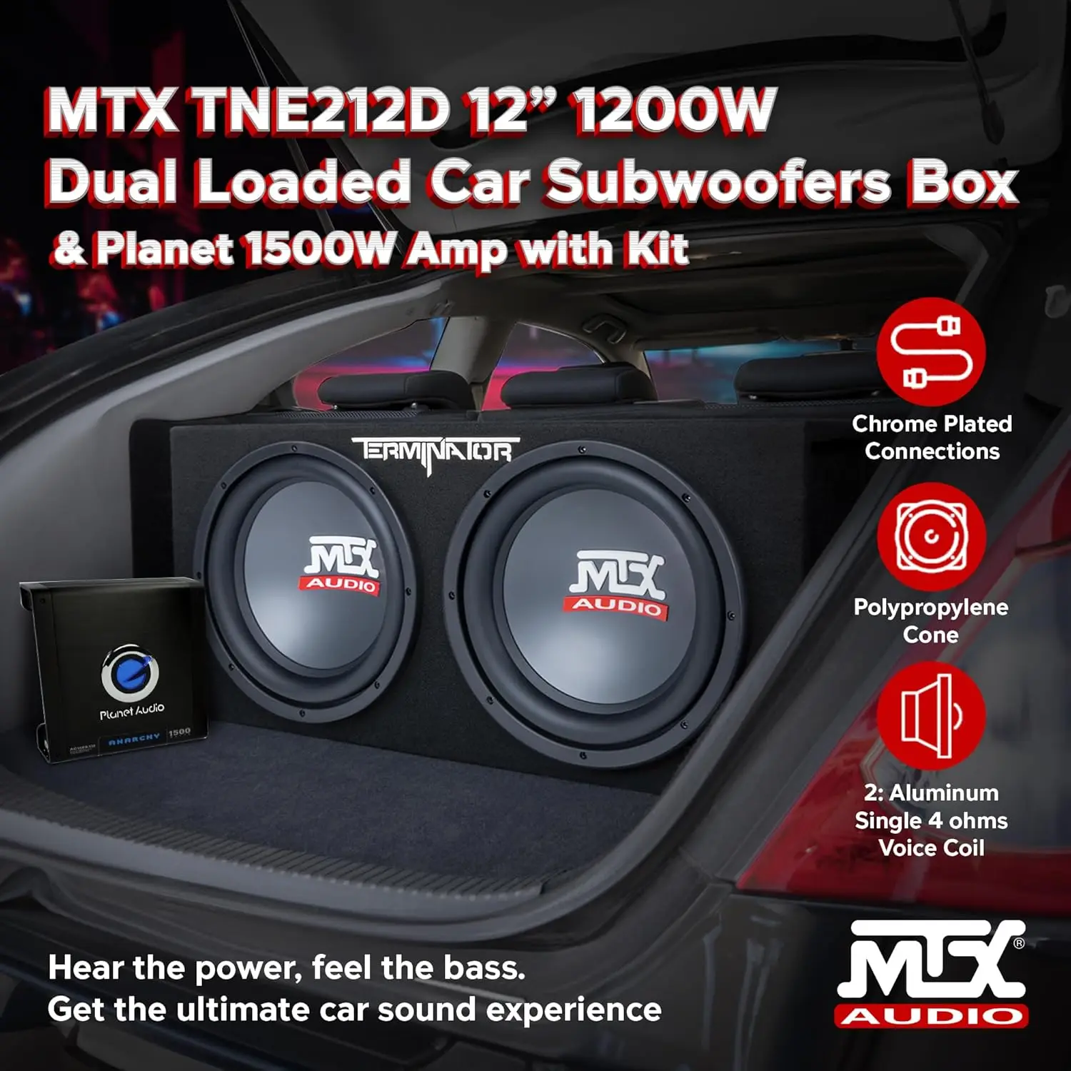 Dual 12 Inch 1000 Watt RMS Vented Subwoofer Enclosure + Planet Audio 1500 Watt Monoblock Amp + 8GA Wiring Kit, Black