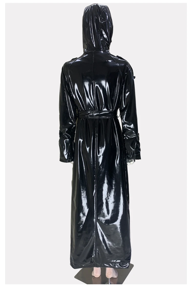 Nerazzurri Autumn Extra Long Shiny Black Soft Patent Pu Leather Trench Coat for Women with Hood Double Breasted European Fashion