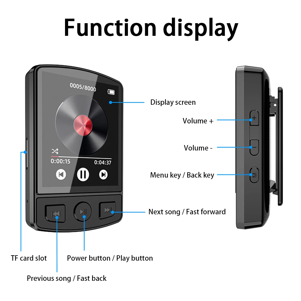 Sport Bluetooth 5.2 MP3 Music Player Clip Mini Portable MP3 Player Lossless Sound Quality with Screen FM Radio Recording