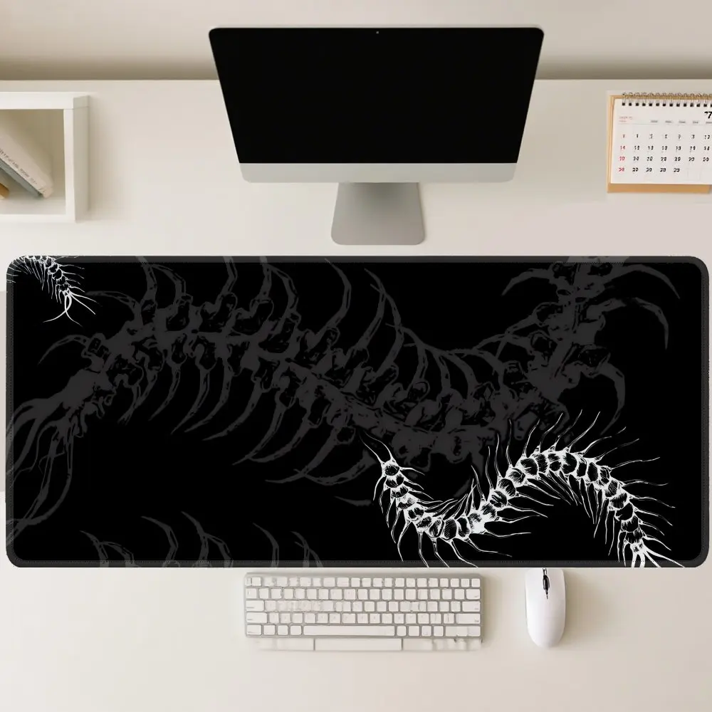 Black and White Centipede Skeleton Gaming Mouse Pad, Large Non-Slip Desk Mat with Spooky Gothic Vibe for Gamers Office