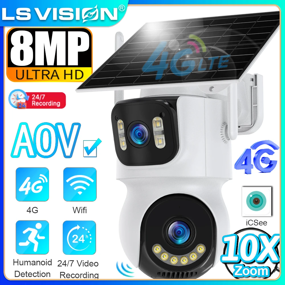 

LS VISION 24/7 Recording Outdoor Solar Camera Three Screen 4G/WiFi AOV 10X Zoom PTZ Auto Tracking Security Battery Camera iCSee