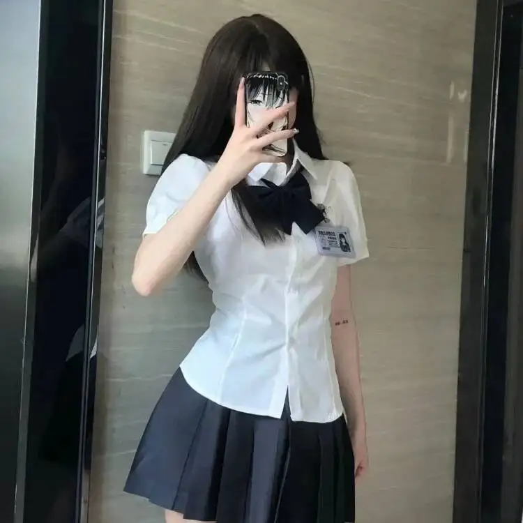 

Japanese Sweet Lapel Neck White Shirts Women Summer Grunge Slim Fit Jk Blouses Y2k E-Girl Short Sleeve Lace Up Blusas Mujer