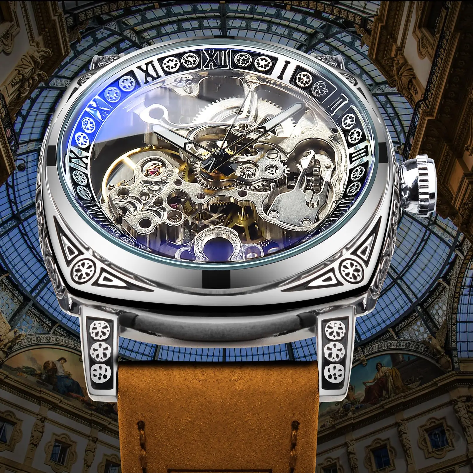 포르시닝 레트로 조각 남성용 오토매틱 기계식 시계 고급 방수 패션 브라운 천연 가죽 손목시계 남성용 선물