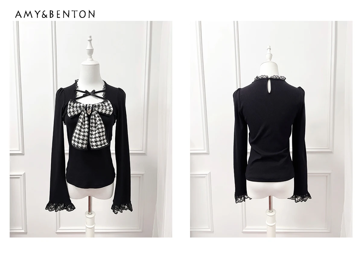 

Japanese Sweet Cute Beading Love Pendant Bow Tie Knitted Top Mine Series Mass-Produced Slim Pullover Women Lolita Girl Sweaters