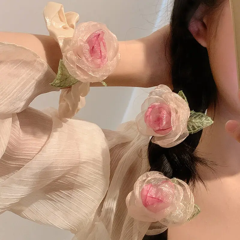 Elegant Camellia Flower Scrunchies Female Senior Dried Rose Hairpin Grab Clip Hairwear Headstring Bangs Clips Hairpin Headwear