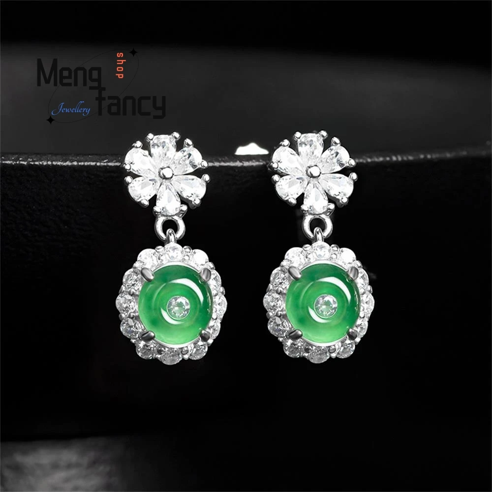 

Natural A-goods Jadeite Yang Green Peace Button Ice Jade S925 Silver Women's High-grade Earring Exquisite Luxury Fashion Jewelry