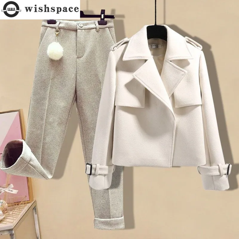 2022 Winter New Style Suit Collar Woolen Jacket Coat Flocking Casual Trousers Two Piece Elegant Women's Pants Set