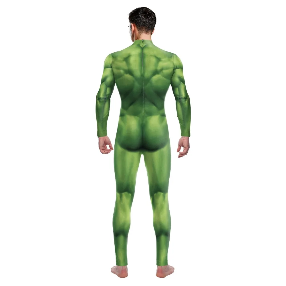 Bodysuit Spandex Zentai para homens e mulheres, traje Cosplay, Carnaval de Halloween, músculo verde Purim, macacão 3D Print, Holiday Party Wear