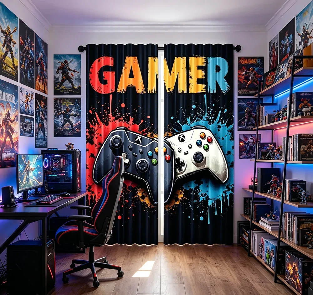 Gaming Curtain Backdrop for Man Cave Room Decor Streaming Setup Gamer Theme Window Curtain