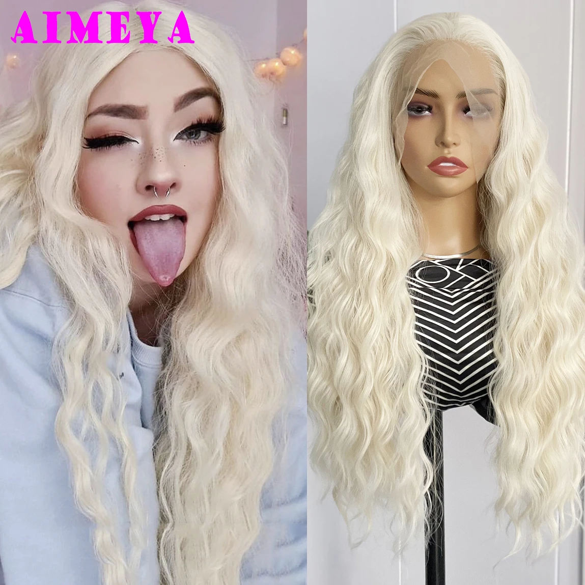 AIMEYA-Perruque Lace Front Wig synthétique blonde platine pour femme, perruques longues ondulées, délié naturel, fibre de degré de chaleur, 03 utilisation