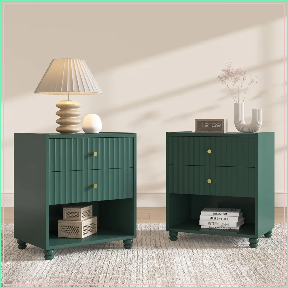 Green Nightstand Set of 2, 22 Inch Fluted Bedside Table with 2 Drawers and Open Shelf, Gold Handle