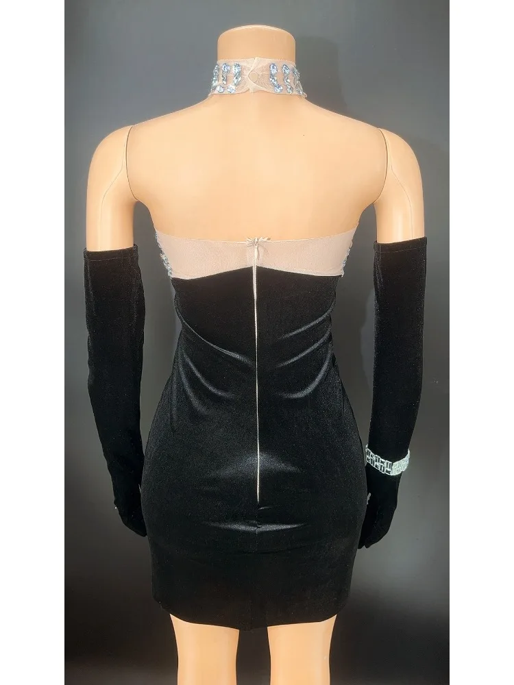 Velvet Birthday Party Dress Stage Performance Costume Glam Backless Tight Sparkle Rhinestone Gloves Skirt Womens Fashion Vestito