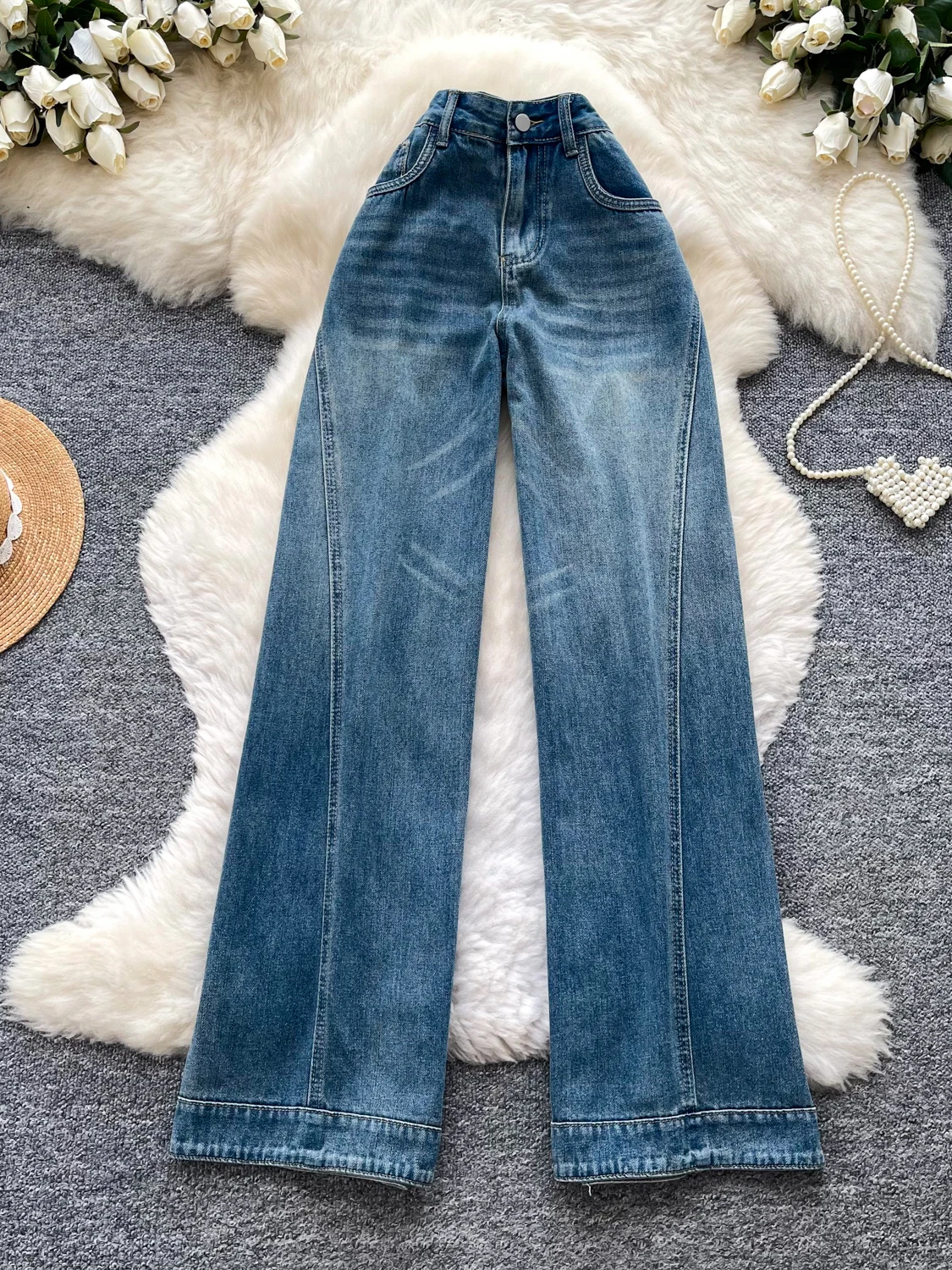 

American Retro High Waist Wide Leg Jeans Women Loose Slimming Spring Pure Color Long Pants Hip Covering Versatile Personality